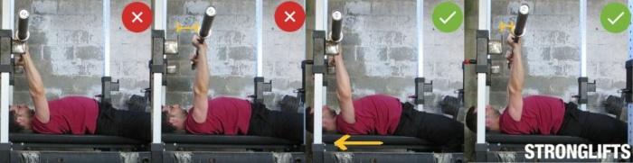 Left: Lying too far, increasing distance when removing weights. Right: Position just enough to safely remove weights