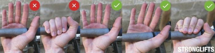 Left side: grip the bar in the middle of the palm, the wrist will be bent. Right: Use the bulldog grip by turning your hand slightly sideways while you make a fist. Your wrist will not bend.