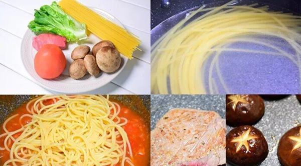 Pasta spaghetti + veal + fried mushroom